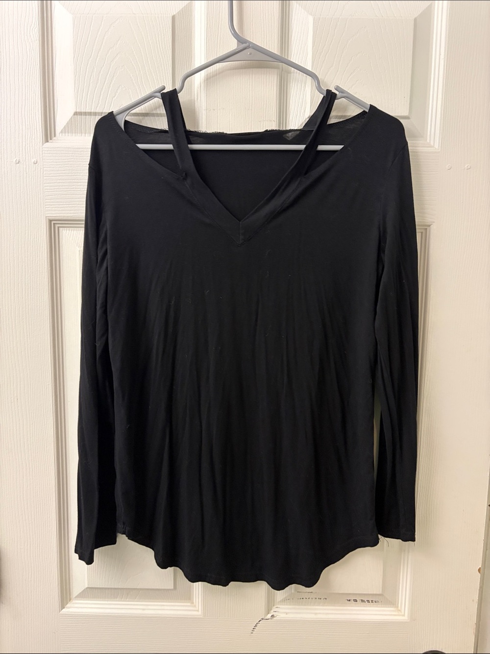 Amaryllis Black Long-Sleeve V-Neck Top with Double Shoulder Straps